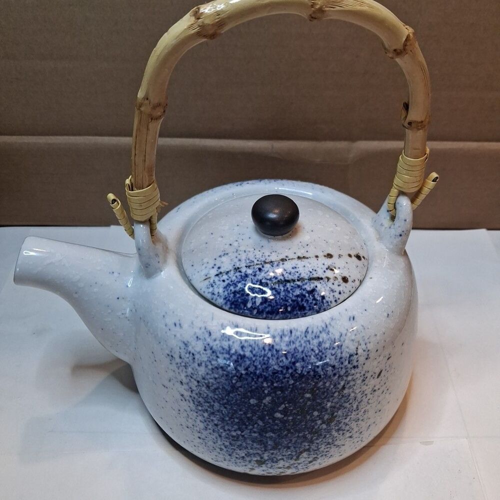Vintage Japanese Blue And White Porcelain Teapot Bamboo Handle
